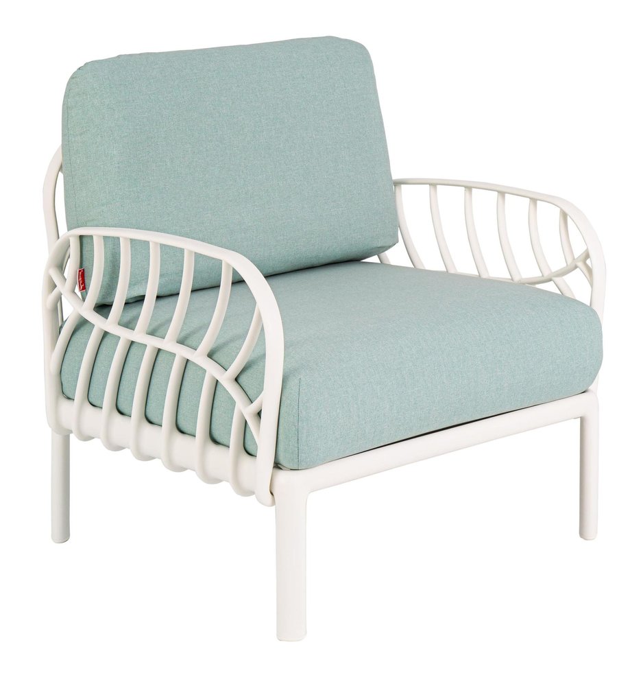 31" White Heavy Duty Plastic Outdoor Armchair With Sea Green Cushion. Outdoor chair isolated on a plain white background, finished in white plastic.