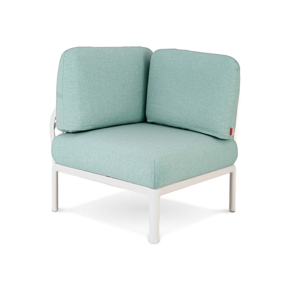 31" White Heavy Duty Plastic Outdoor Modular with Sea Green Cushion. Outdoor chair isolated on a plain white background, showing a white plastic surface.