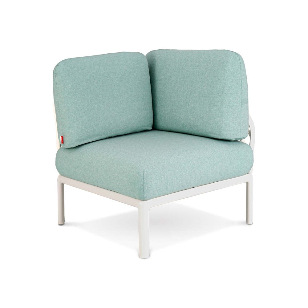 31" White Heavy Duty Plastic Outdoor Modular with Sea Green Cushion. Outdoor chair isolated on a plain white background, in a white plastic finish.