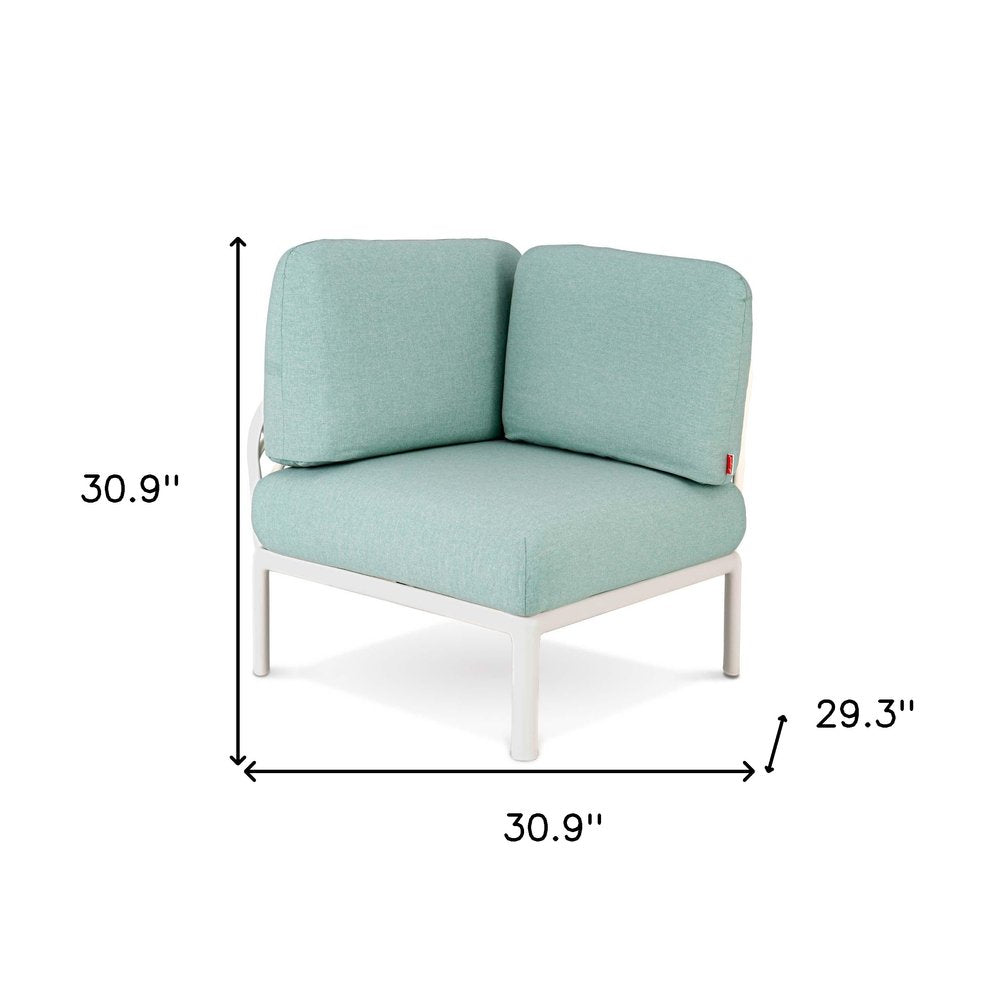 31" White Heavy Duty Plastic Outdoor Modular with Sea Green Cushion. Outdoor chair isolated on a plain white background, showing a white plastic surface.