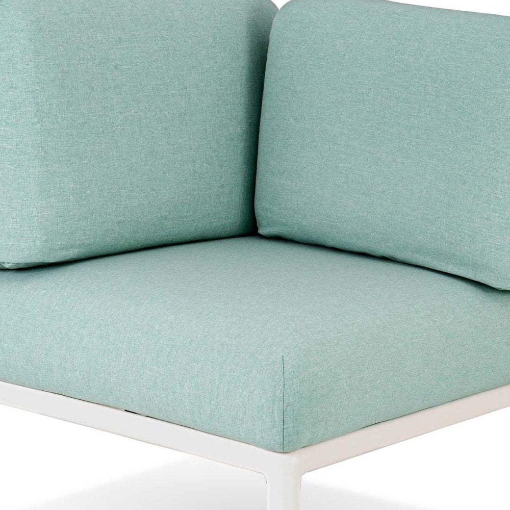 Cropped view of 31" White Heavy Duty Plastic Outdoor Modular with Sea Green Cushion focusing on the white plastic surface.