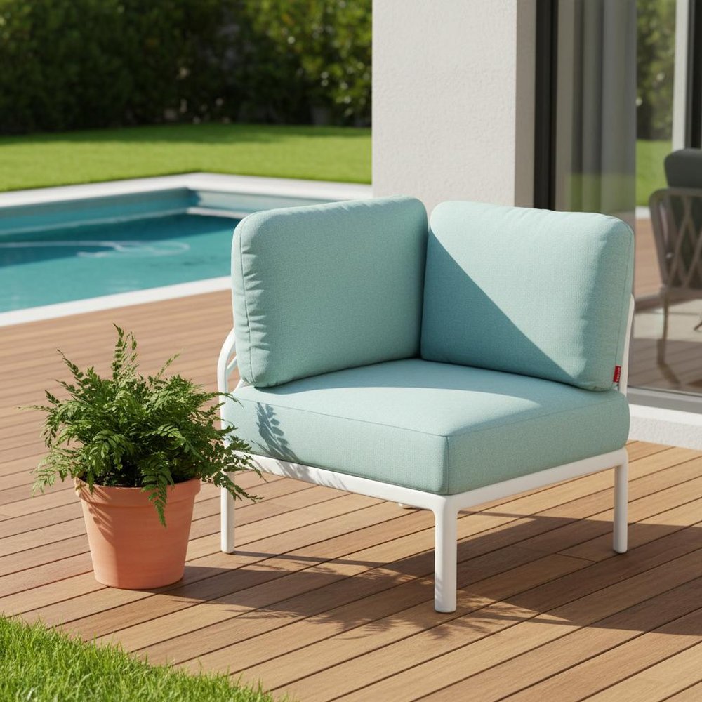 31" White Heavy Duty Plastic Outdoor Modular with Sea Green Cushion. Outdoor chair in white plastic.