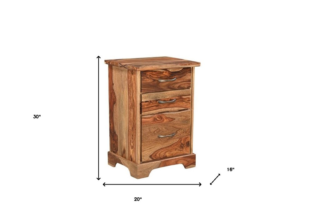 A 30" natural solid wood filing cabinet with three drawers, 20" wide and 16" deep, on a white background.
