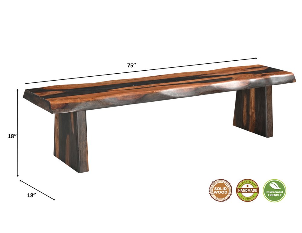 A 75" brown solid wood live edge dining bench with 18" height and 18" depth, featuring handmade and environment-friendly labels.
