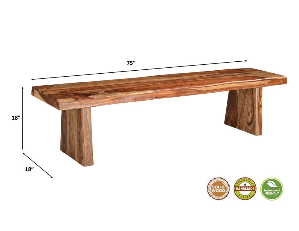 A 75-inch brown solid wood live edge dining bench with 18-inch height and depth, shown on a white background with product detail badges.