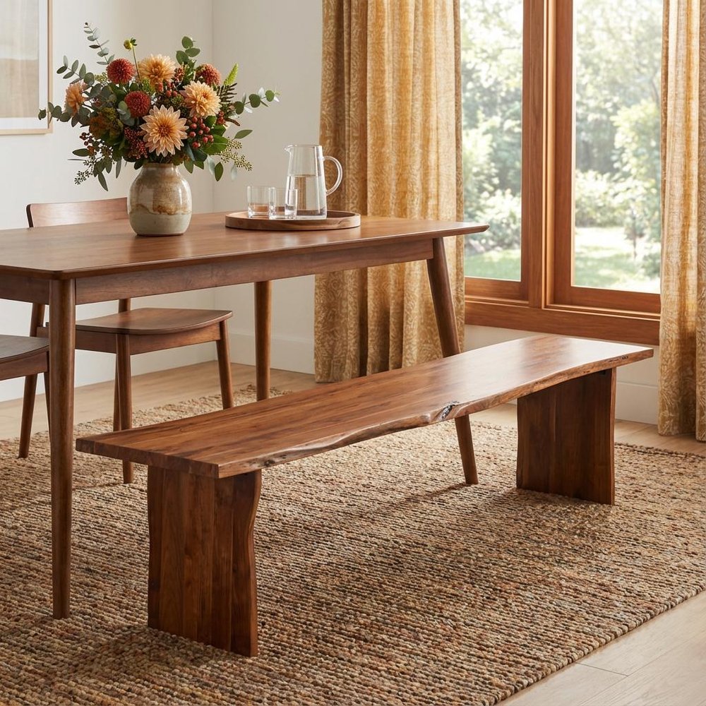 60" Brown Solid Wood Live Edge Dining Bench