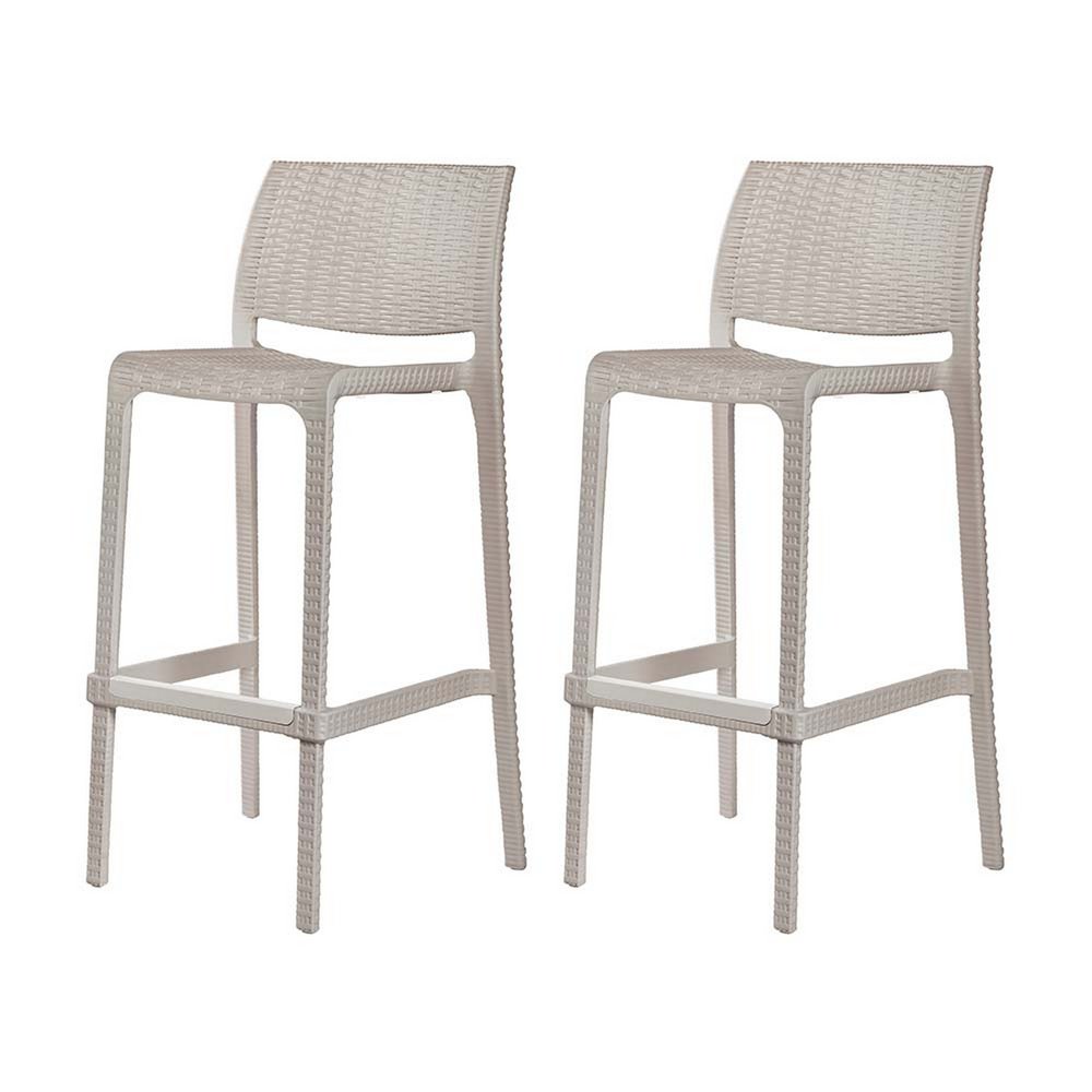 Set of Two 30" Taupe Faux Rattan Outdoor Bar Height Chairs on a white background