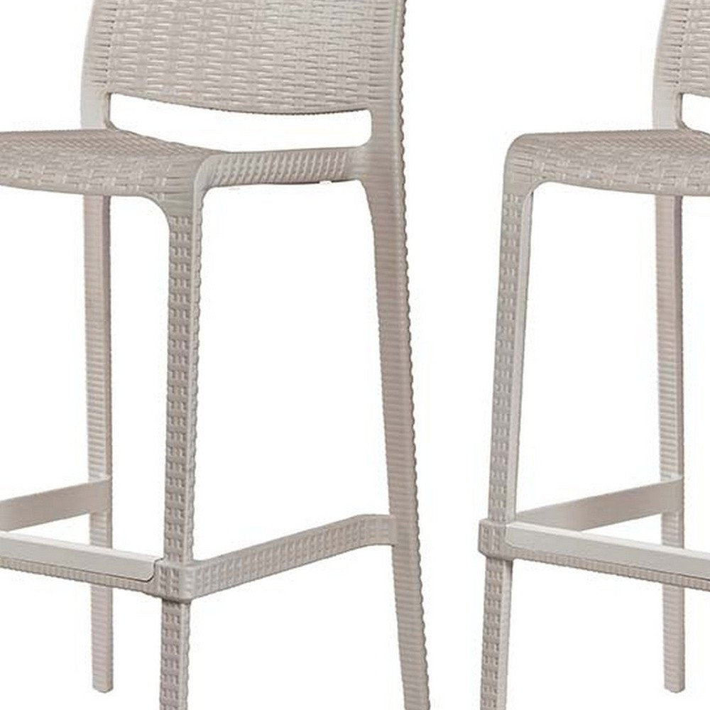 Set of Two 30" Taupe Faux Rattan Outdoor Bar Height Chairs on a white background