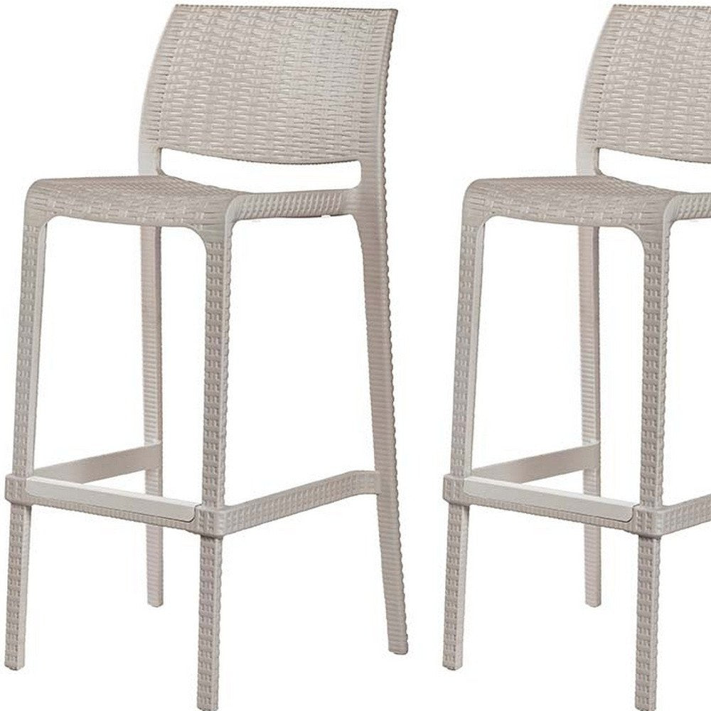Set of Two 30" Taupe Faux Rattan Outdoor Bar Height Chairs on a white background