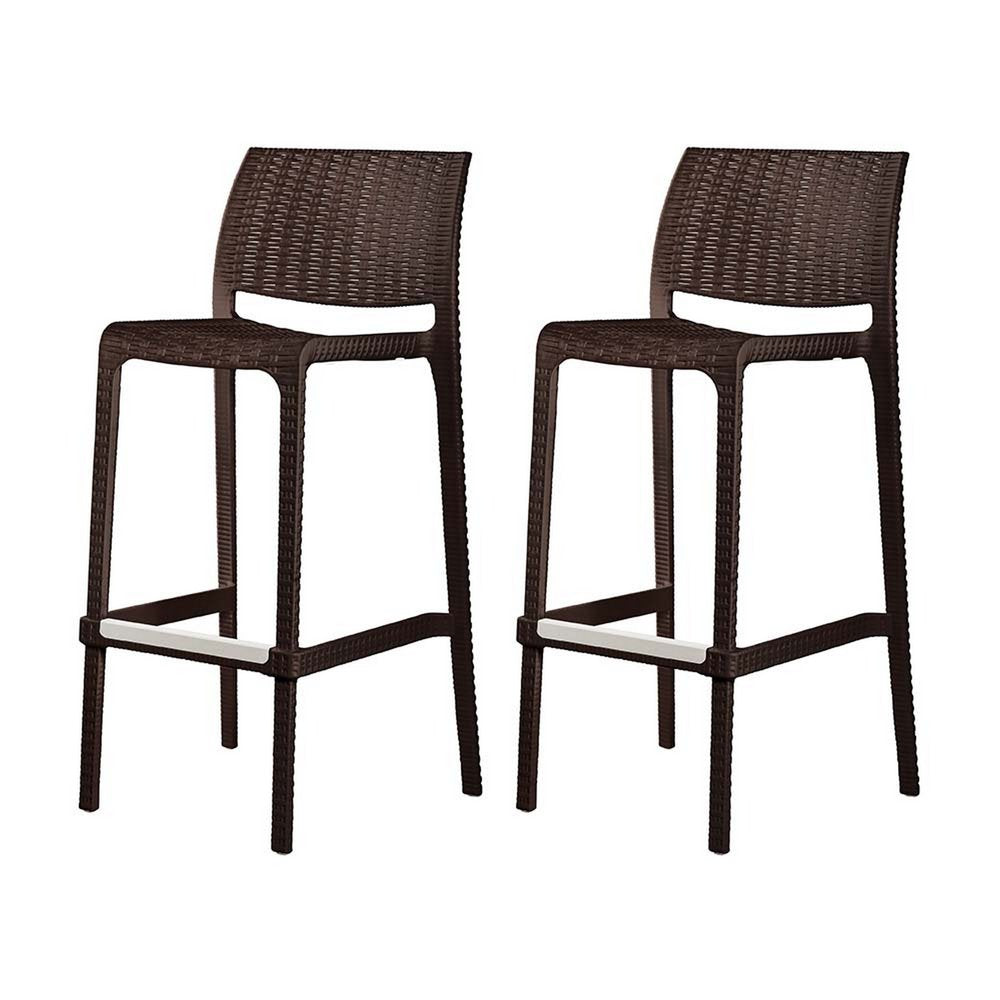 Set of Two 30" Brown Faux Rattan Low Back Outdoor Bar Height Chairs on a white background