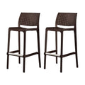 Set of Two 30" Brown Faux Rattan Low Back Outdoor Bar Height Chairs on a white background