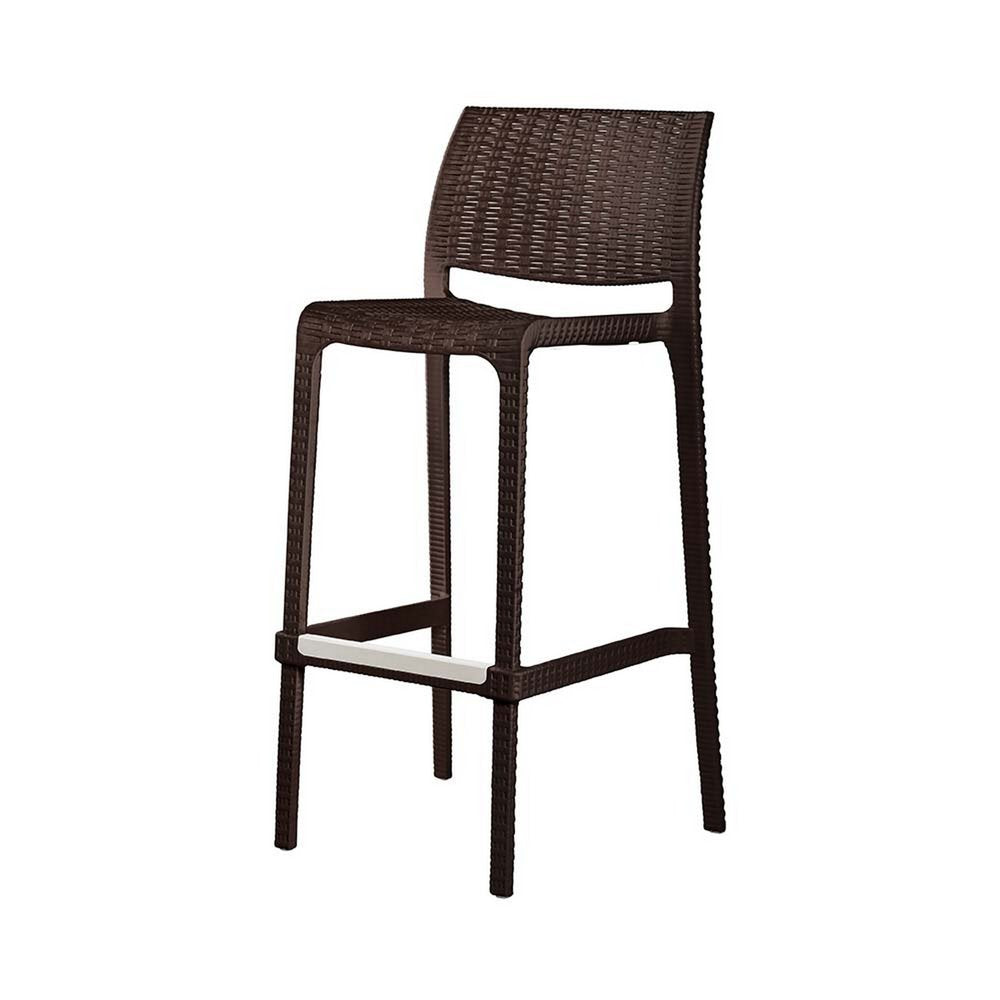 Set of Two 30" Brown Faux Rattan Low Back Outdoor Bar Height Chairs on a white background