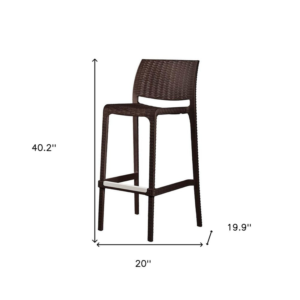 Set of Two 30" Brown Faux Rattan Low Back Outdoor Bar Height Chairs on a white background
