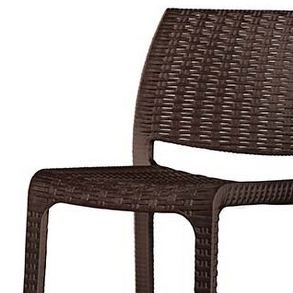 Set of Two 30" Brown Faux Rattan Low Back Outdoor Bar Height Chairs on a white background
