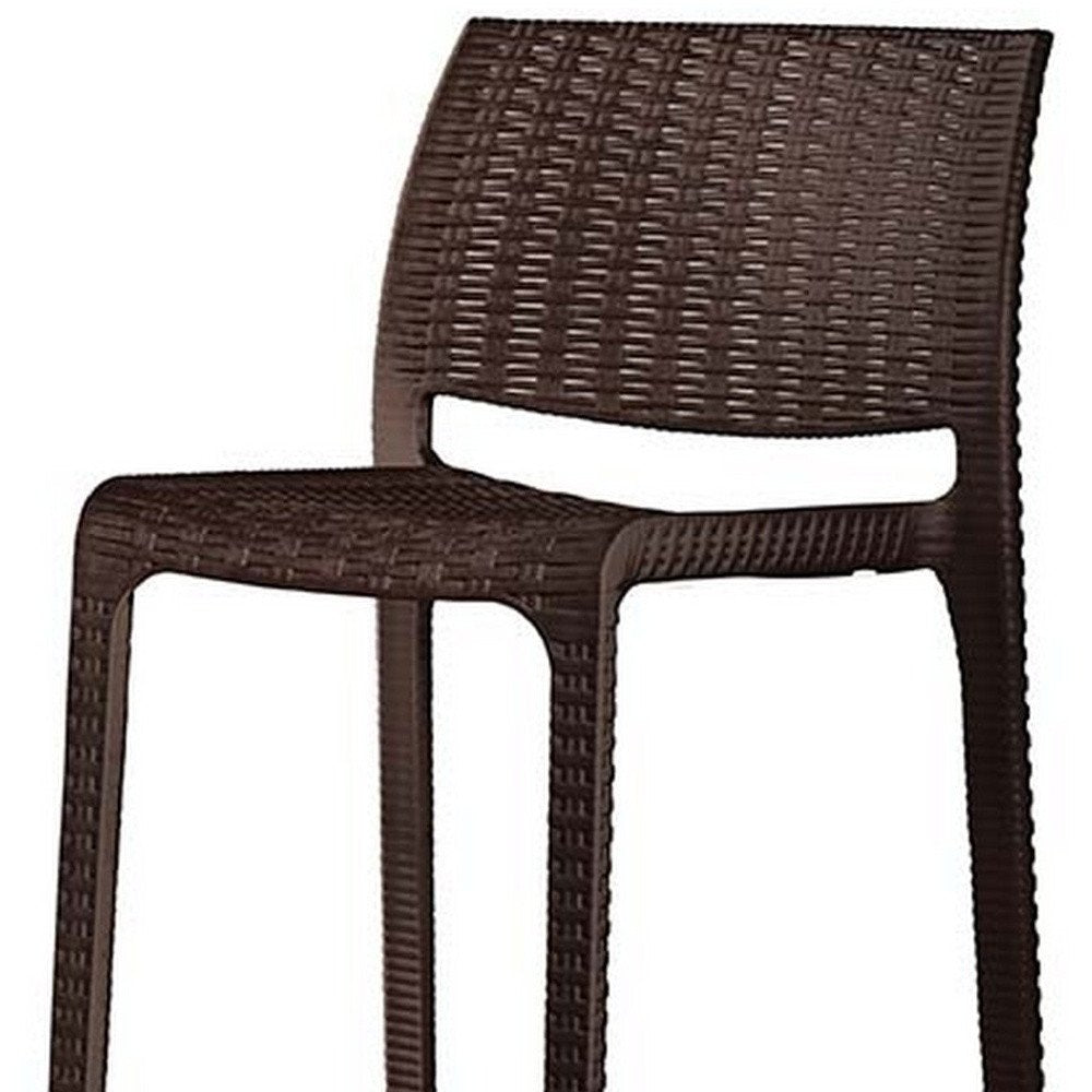Set of Two 30" Brown Faux Rattan Low Back Outdoor Bar Height Chairs on a white background