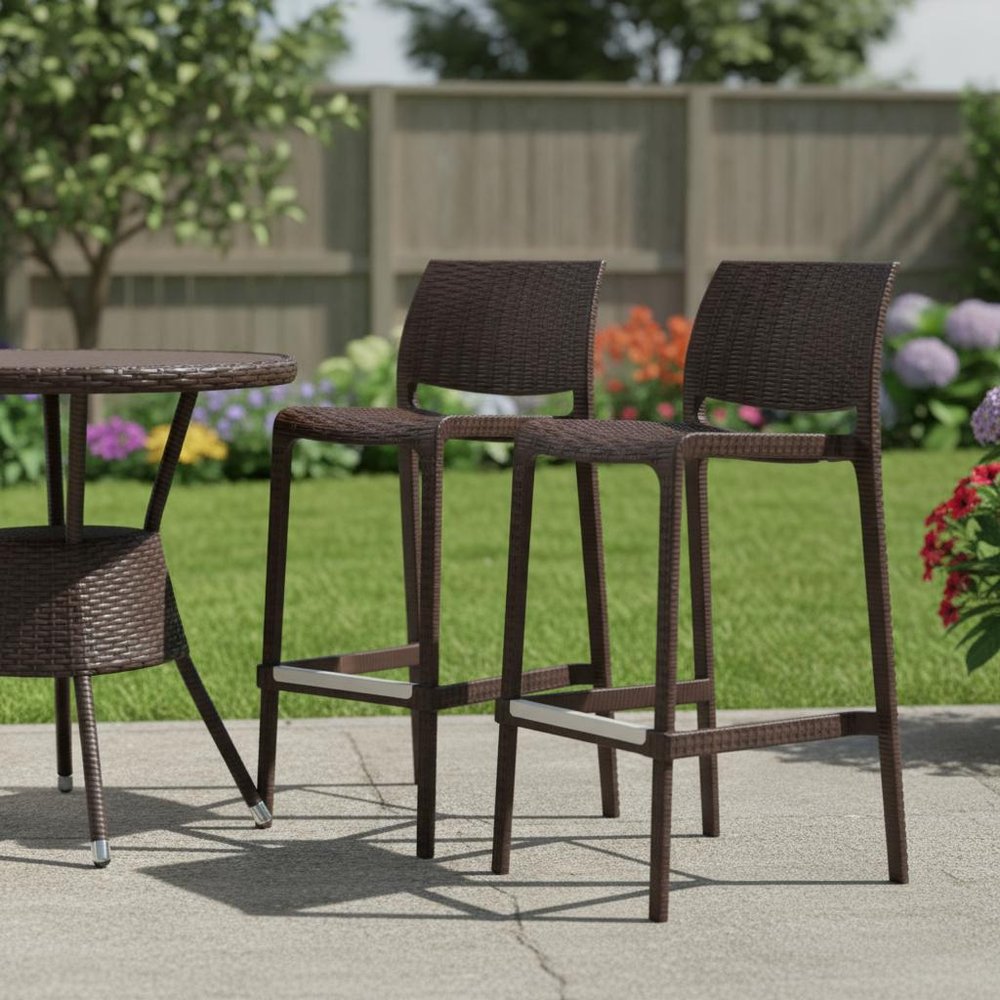 Set of Two 30" Brown Faux Rattan Low Back Outdoor Bar Height Chairs in a home interior