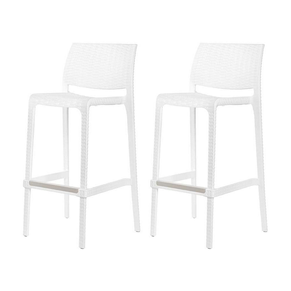 Set of Two 30" White Faux Rattan Low Back Outdoor Bar Height Chairs on a white background