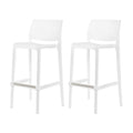 Set of Two 30" White Faux Rattan Low Back Outdoor Bar Height Chairs on a white background