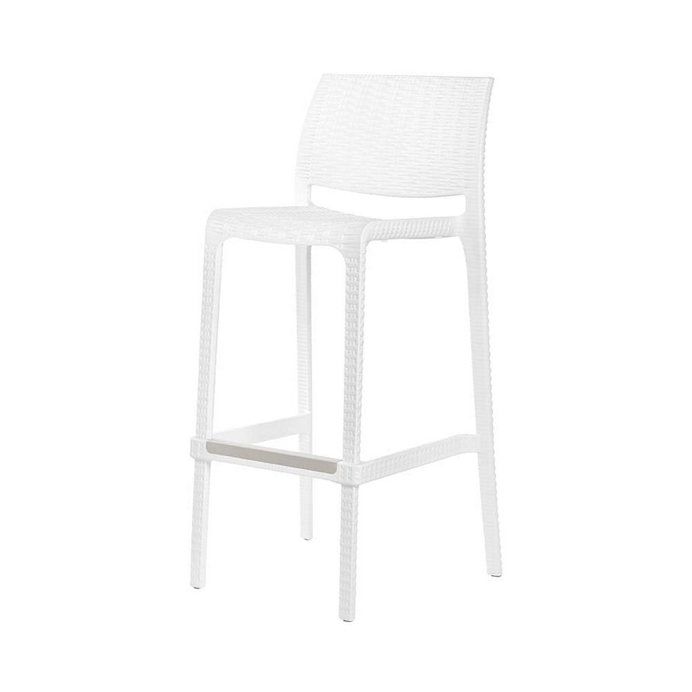 Set of Two 30" White Faux Rattan Low Back Outdoor Bar Height Chairs on a white background