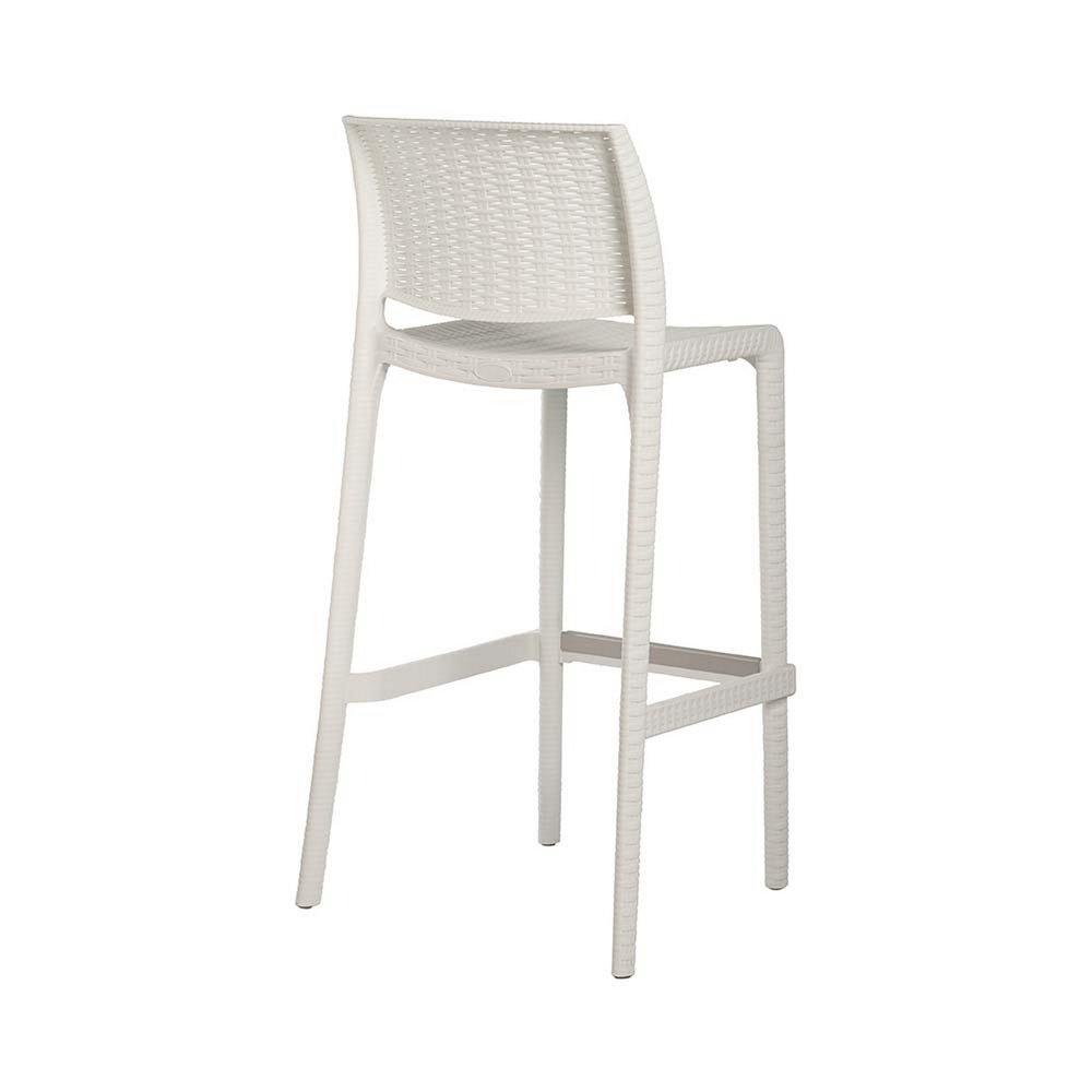 Set of Two 30" White Faux Rattan Low Back Outdoor Bar Height Chairs on a white background