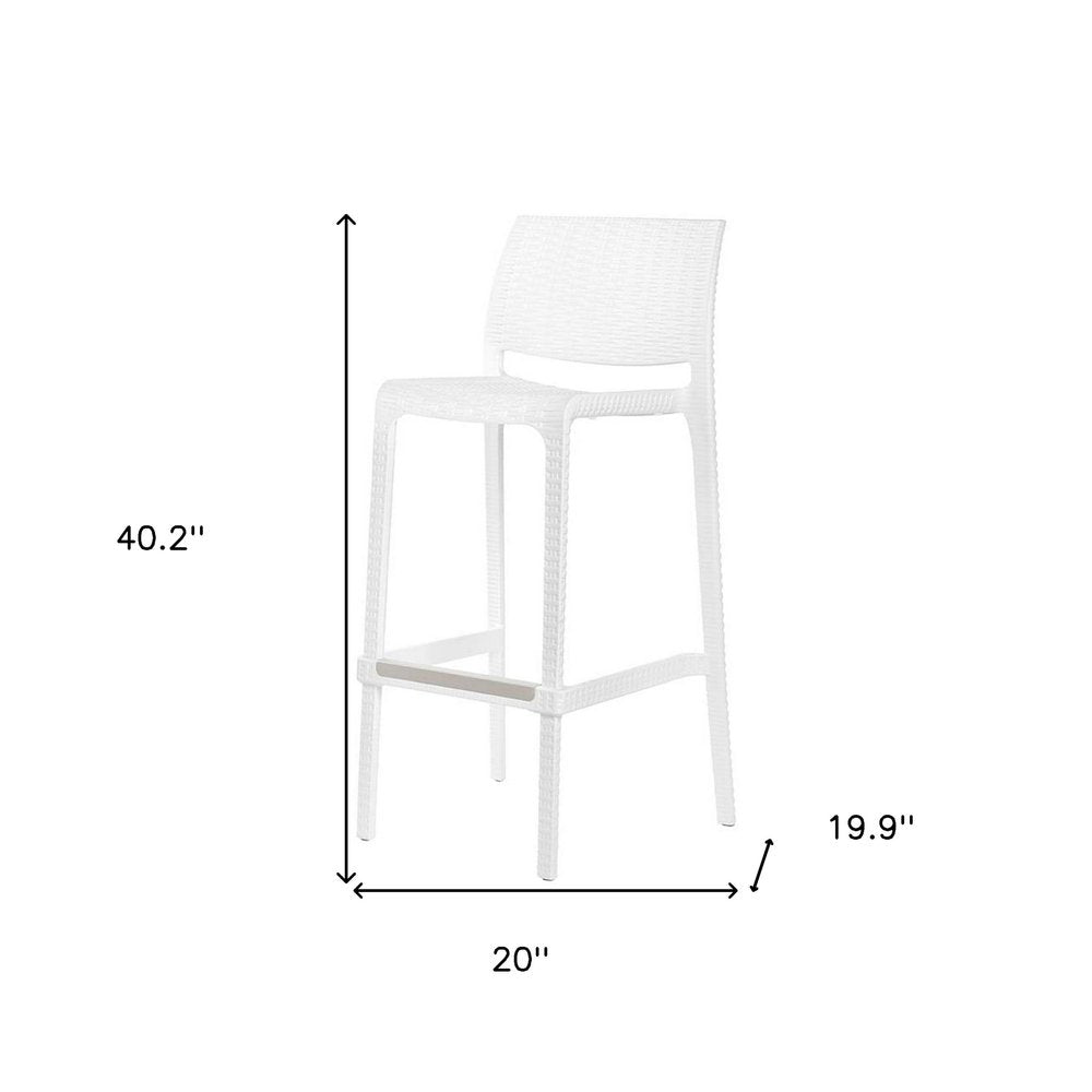 Set of Two 30" White Faux Rattan Low Back Outdoor Bar Height Chairs on a white background