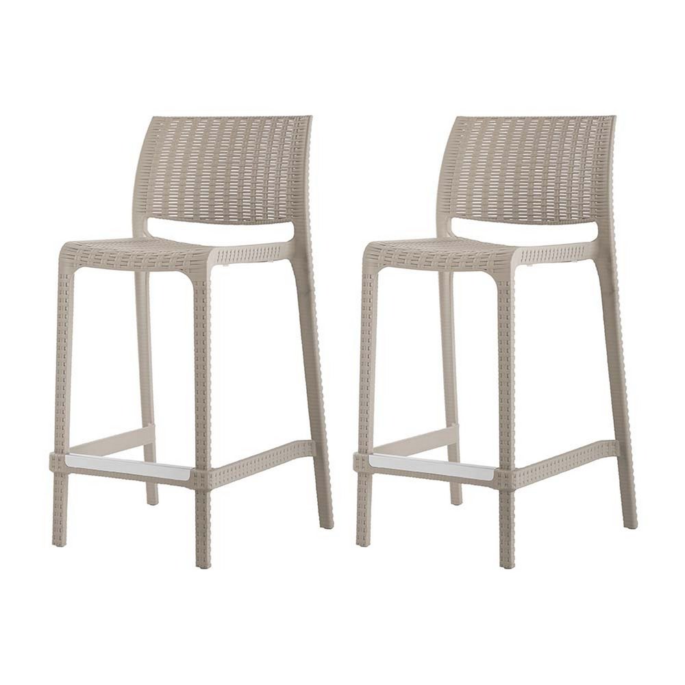 Set of Two 26" Taupe Faux Rattan Low Back Outdoor Counter Height Bar Chairs on a white background