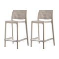 Set of Two 26" Taupe Faux Rattan Low Back Outdoor Counter Height Bar Chairs on a white background