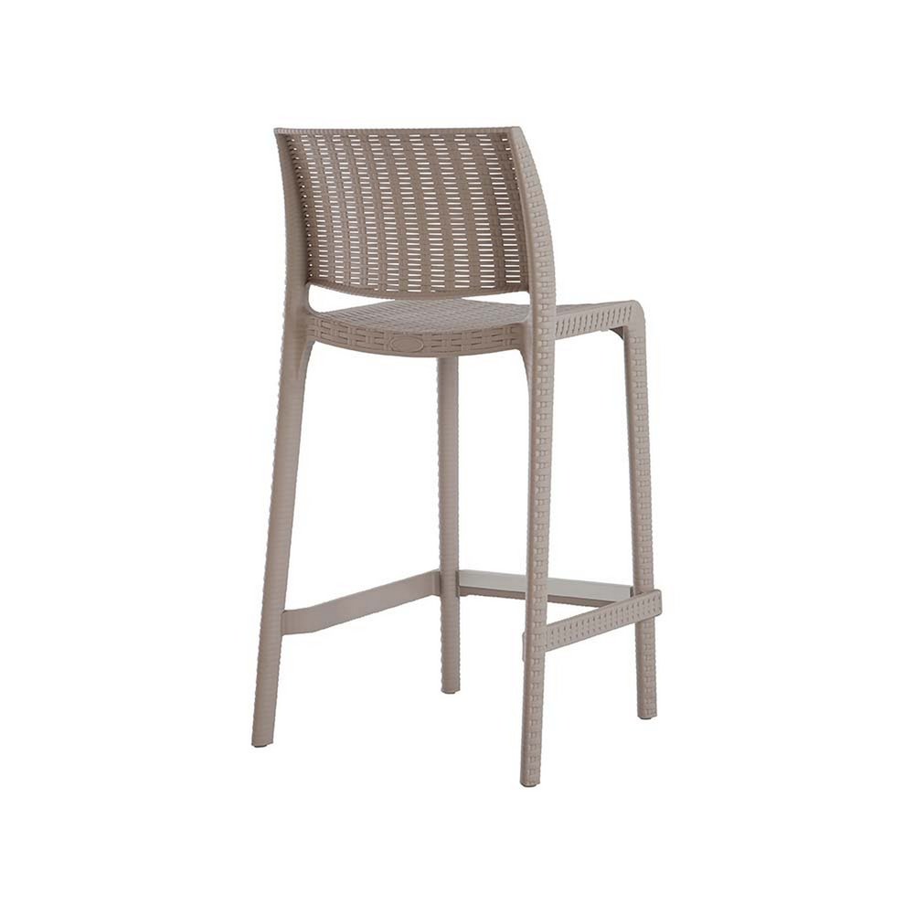 Set of Two 26" Taupe Faux Rattan Low Back Outdoor Counter Height Bar Chairs on a white background