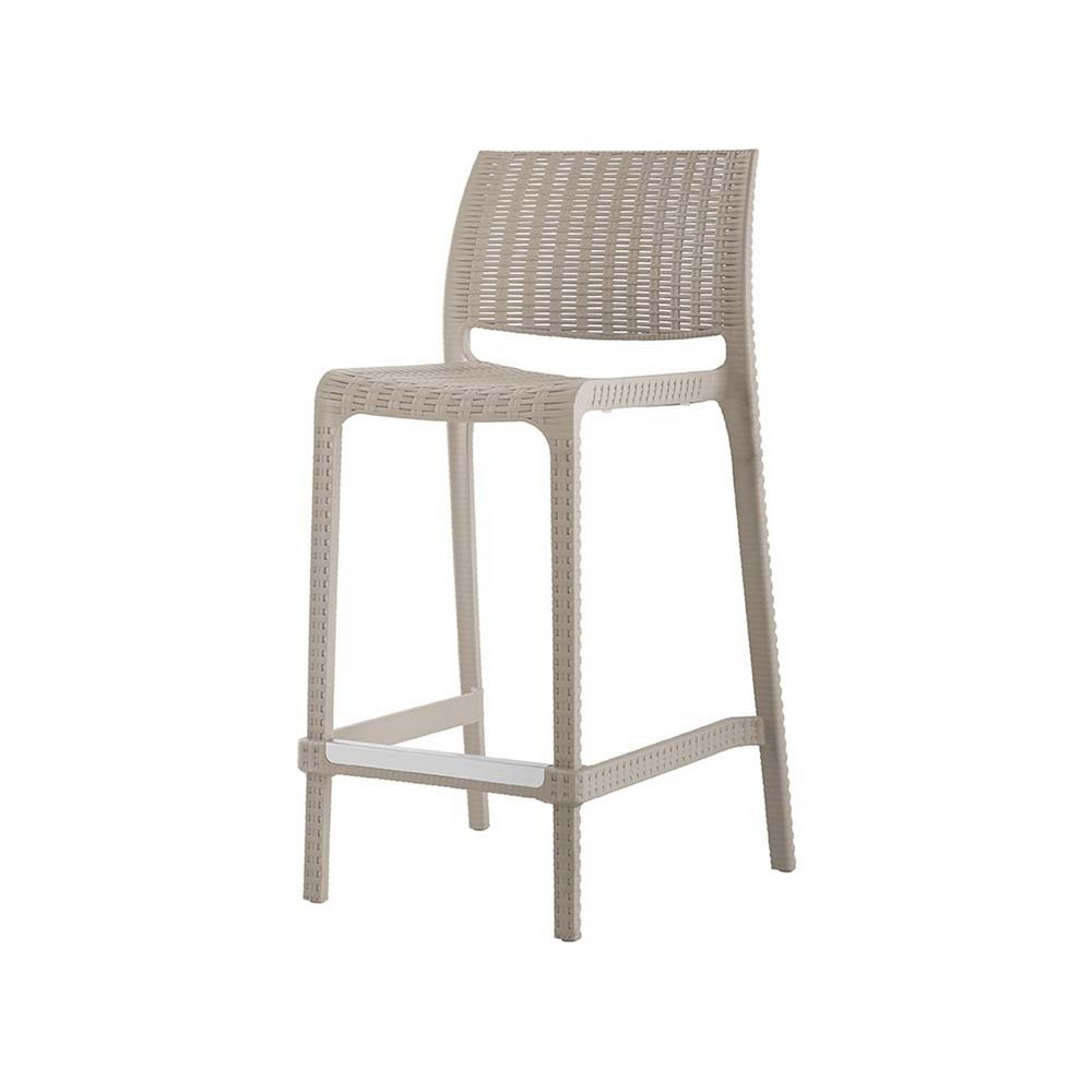 Set of Two 26" Taupe Faux Rattan Low Back Outdoor Counter Height Bar Chairs on a white background
