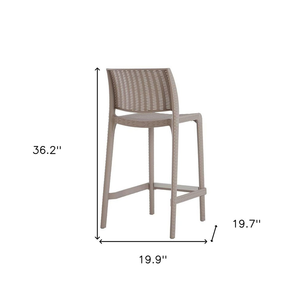 Set of Two 26" Taupe Faux Rattan Low Back Outdoor Counter Height Bar Chairs on a white background