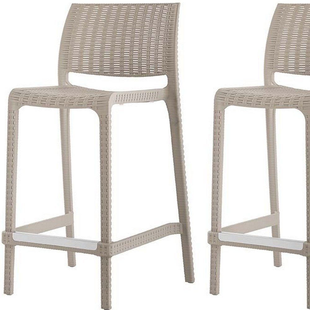 Set of Two 26" Taupe Faux Rattan Low Back Outdoor Counter Height Bar Chairs on a white background