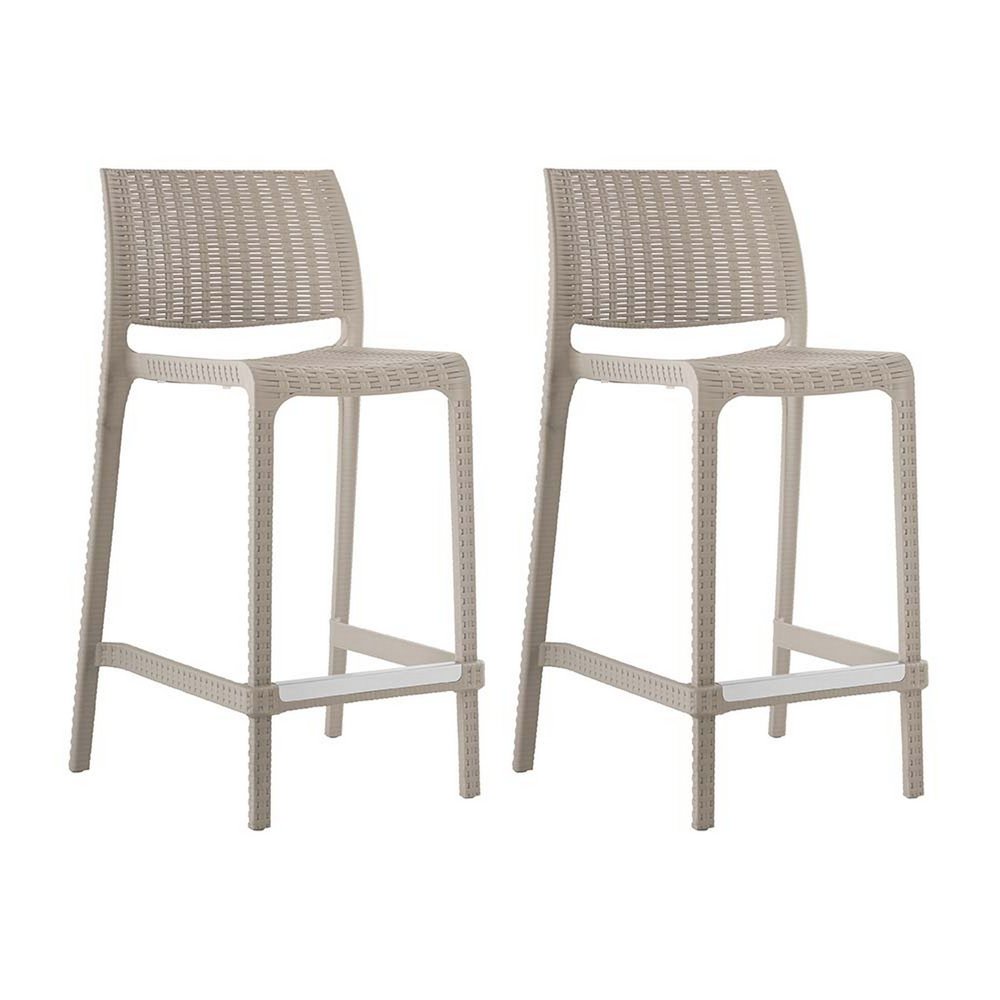 Set of Two 26" Taupe Faux Rattan Low Back Outdoor Counter Height Bar Chairs on a white background