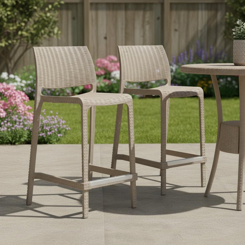 Set of Two 26" Taupe Faux Rattan Low Back Outdoor Counter Height Bar Chairs in a home interior