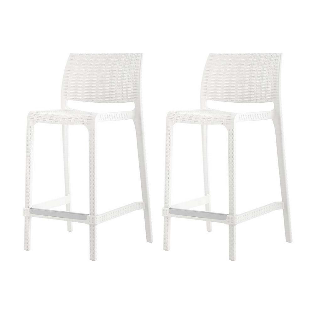 Set of Two 26" White Faux Rattan Low Back Outdoor Counter Height Bar Chairs on a white background