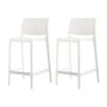 Set of Two 26" White Faux Rattan Low Back Outdoor Counter Height Bar Chairs on a white background