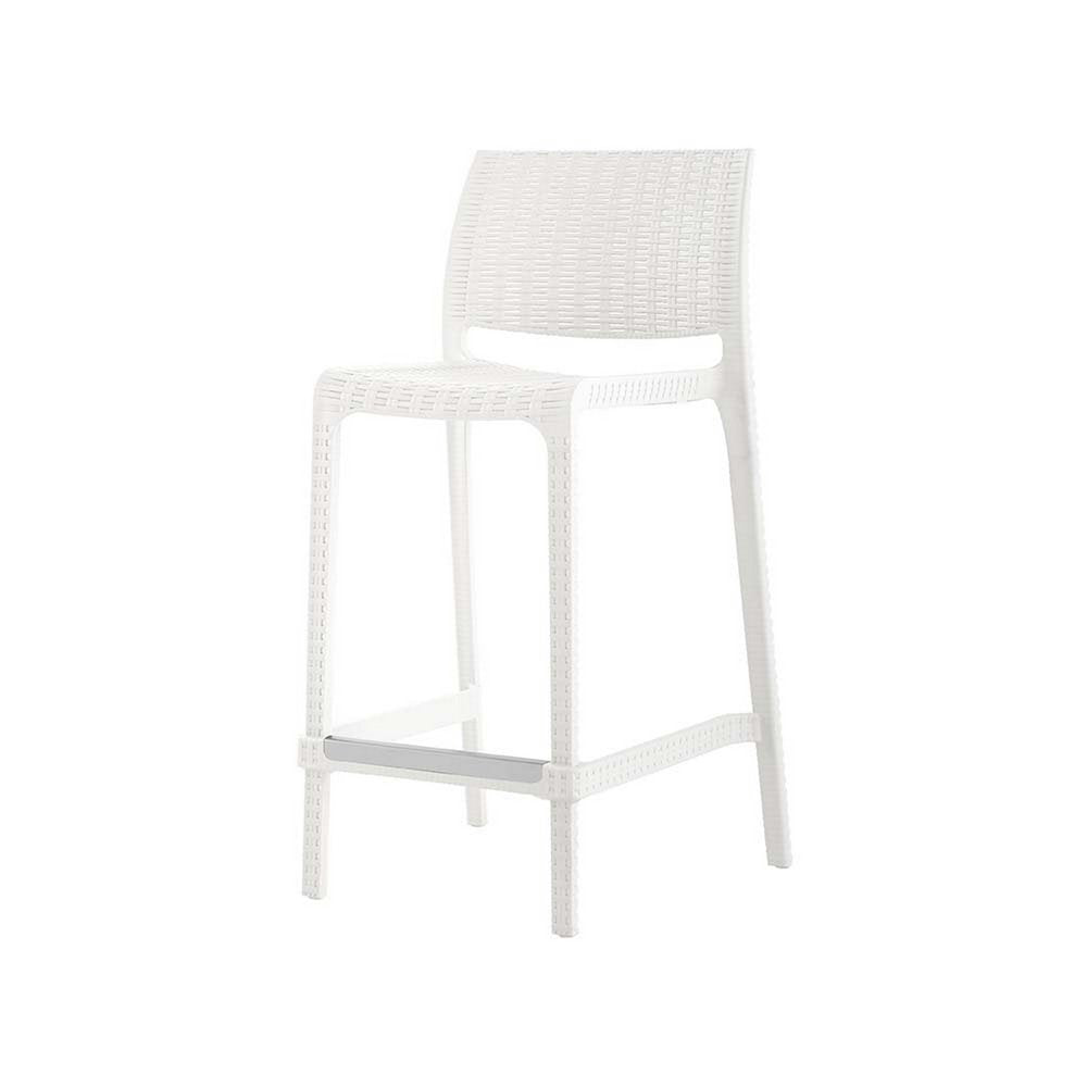 Set of Two 26" White Faux Rattan Low Back Outdoor Counter Height Bar Chairs on a white background