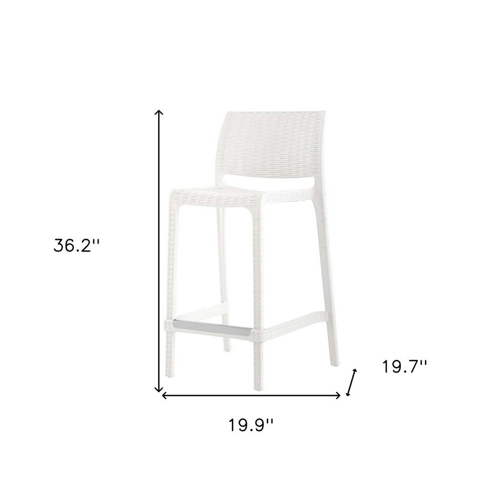 Set of Two 26" White Faux Rattan Low Back Outdoor Counter Height Bar Chairs on a white background