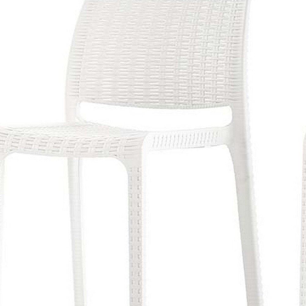 Set of Two 26" White Faux Rattan Low Back Outdoor Counter Height Bar Chairs on a white background
