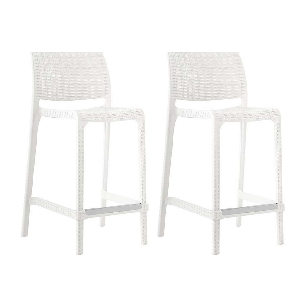Set of Two 26" White Faux Rattan Low Back Outdoor Counter Height Bar Chairs on a white background