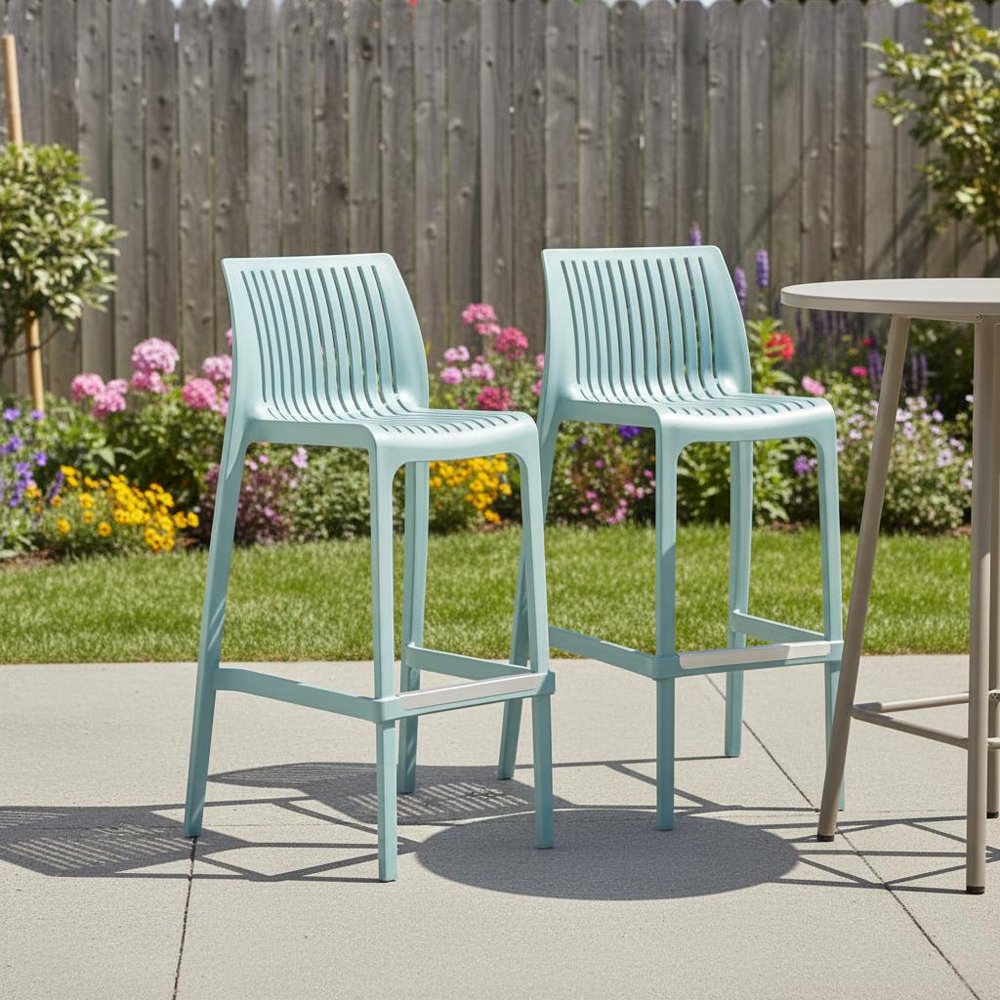 Set of Two 30" Baby Blue Heavy Duty Plastic Low Back Outdoor Bar Height Chairs in a home interior