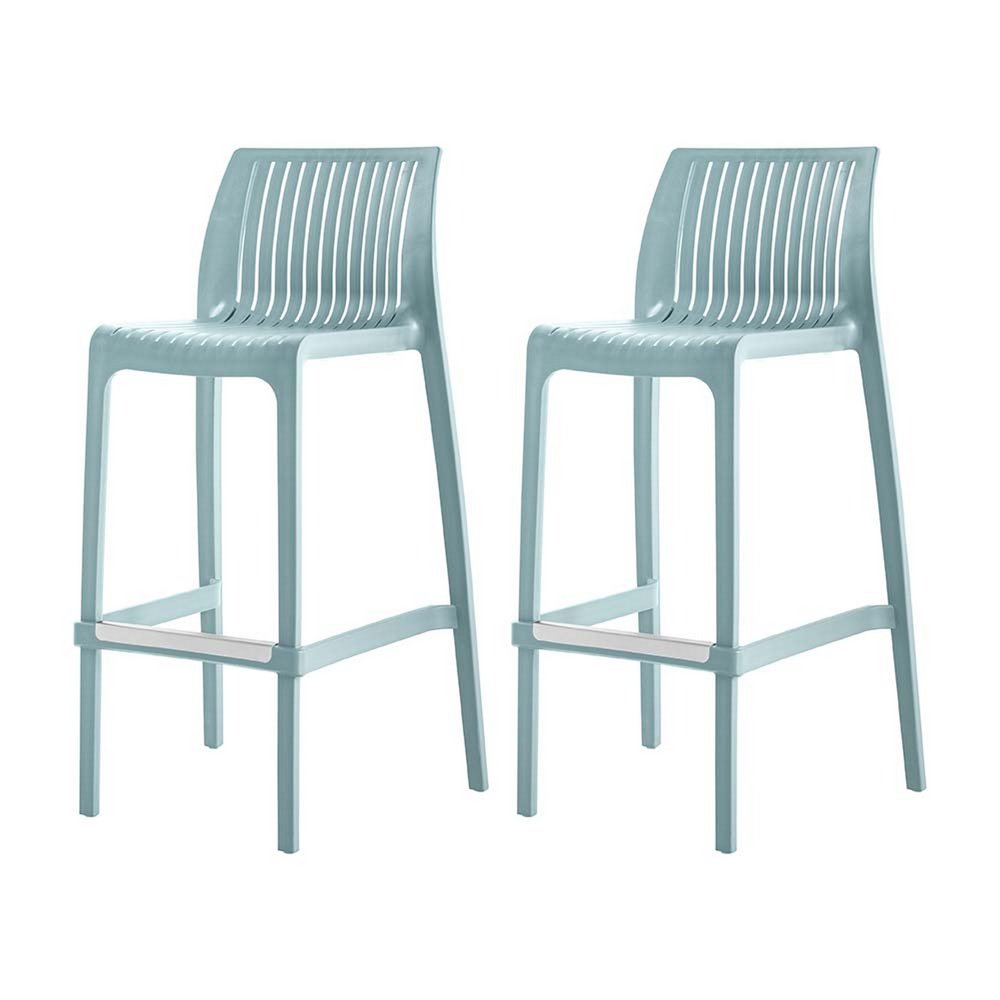 Two baby blue plastic outdoor bar height chairs with low backs and footrests on a white background.