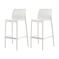 Set of Two 30" White Heavy Duty Plastic Low Back Outdoor Bar Height Chairs on a white background