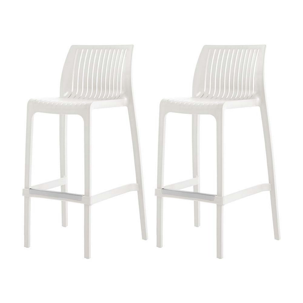Two white plastic outdoor bar height chairs with low backs and footrests on a white background.
