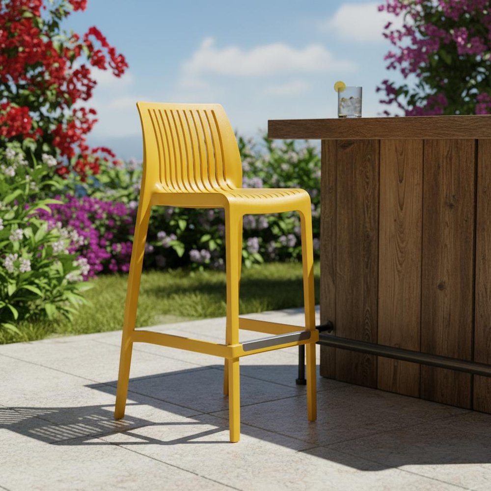 Set of Two 30" Yellow Heavy Duty Plastic Outdoor Bar Height Chairs in a home interior