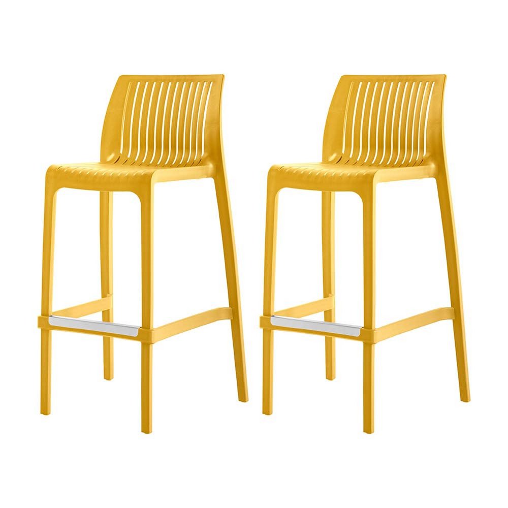 Two yellow plastic outdoor bar height chairs with slatted backs and silver footrests on a white background.