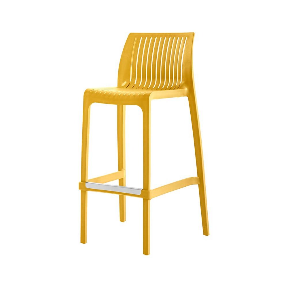 Set of Two 30" Yellow Heavy Duty Plastic Outdoor Bar Height Chairs on a white background