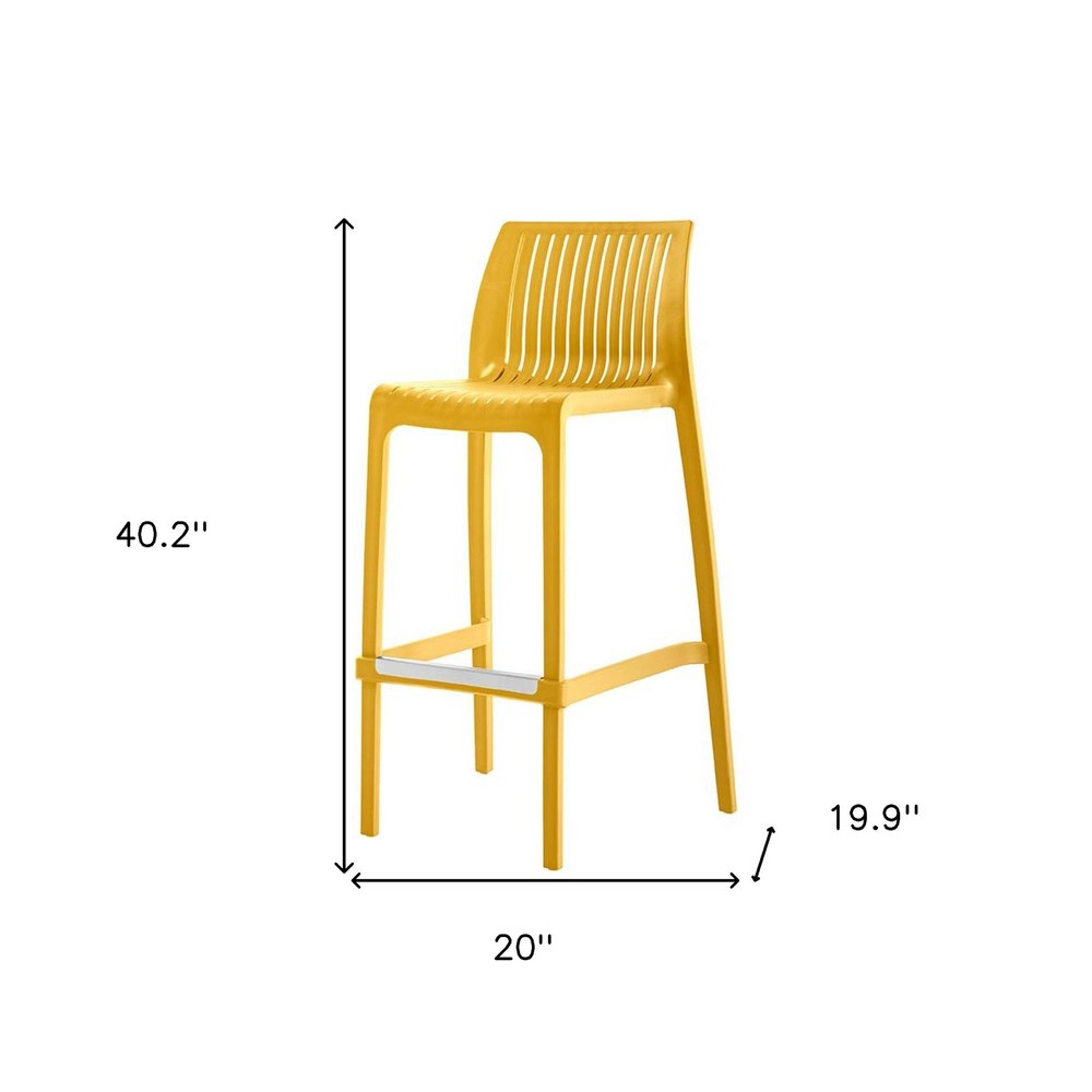 Set of Two 30" Yellow Heavy Duty Plastic Outdoor Bar Height Chairs on a white background