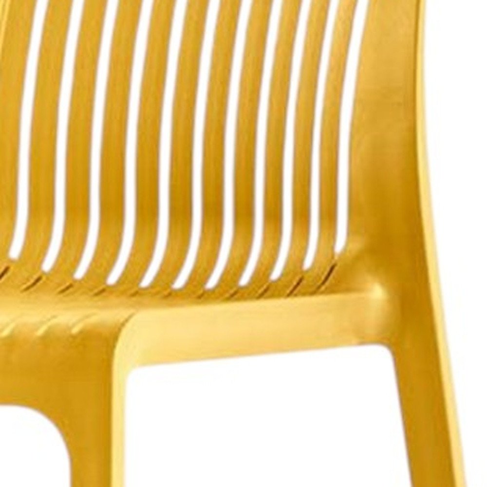 Set of Two 30" Yellow Heavy Duty Plastic Outdoor Bar Height Chairs on a white background
