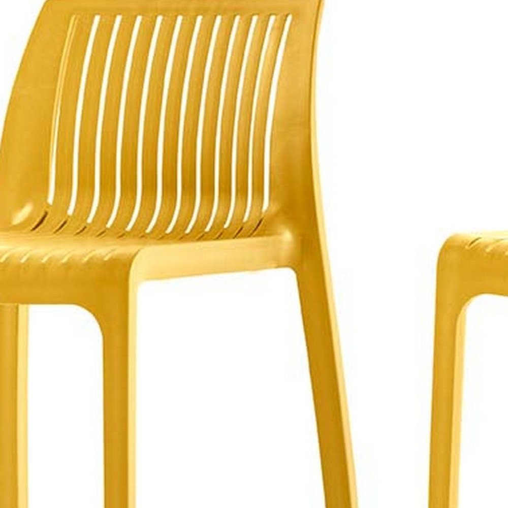 Set of Two 30" Yellow Heavy Duty Plastic Outdoor Bar Height Chairs on a white background