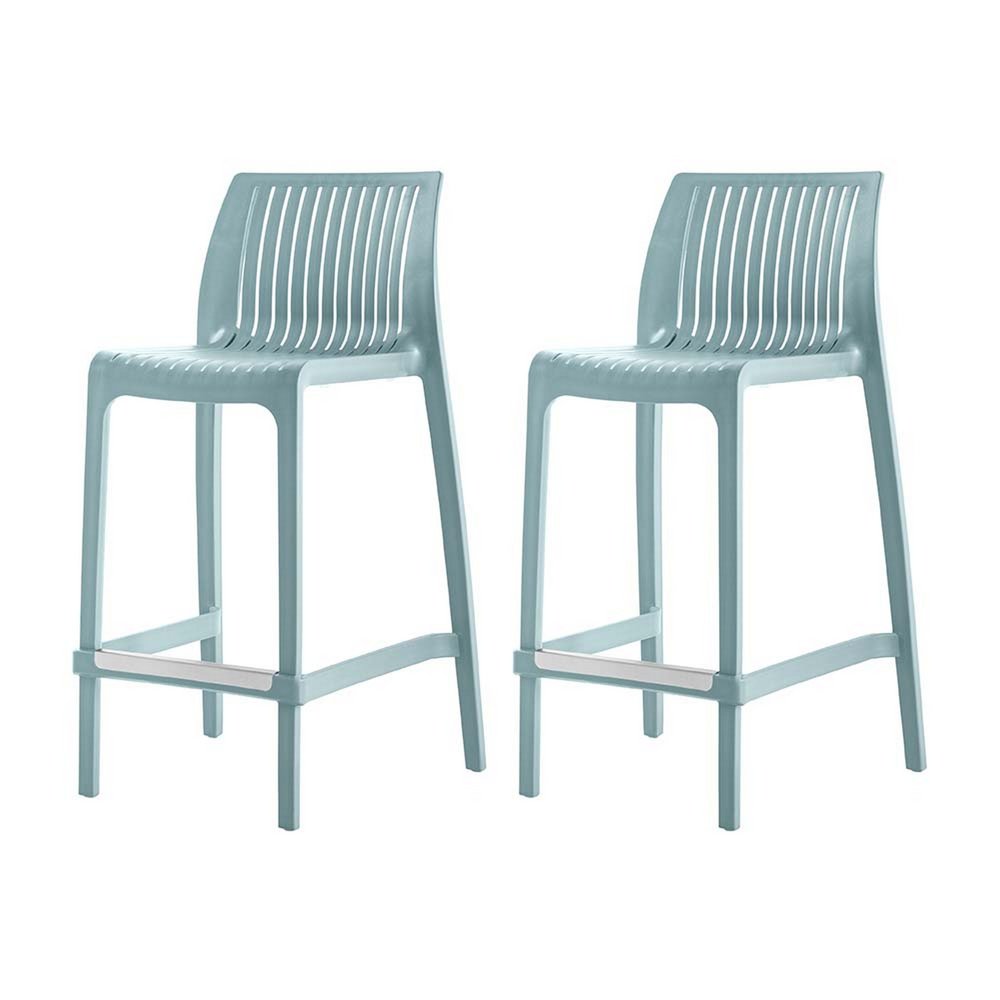 Two light blue plastic low-back counter height bar chairs with silver footrests on a white background.